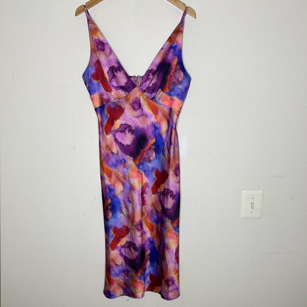 BHLDN whimsical V-Neck Printed Stretch Satin Midi Dress size Large - Picture 7 of 8
